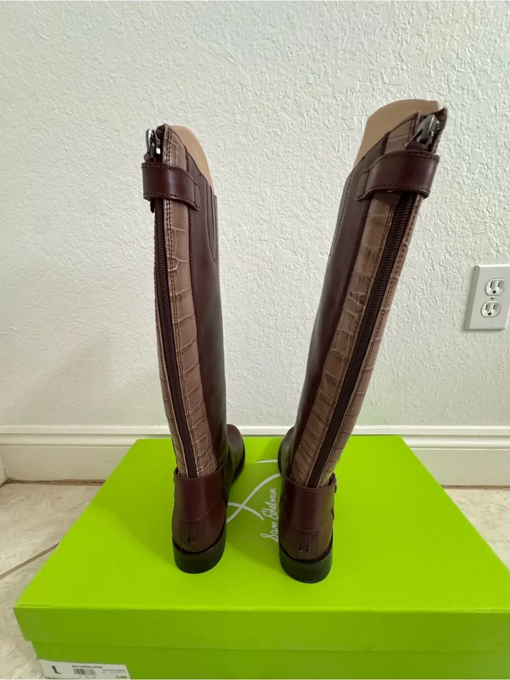 NIB Sam Edelman Sz 6 Mikala Terazzo Brown Leather Block Heel Riding Knee Boots